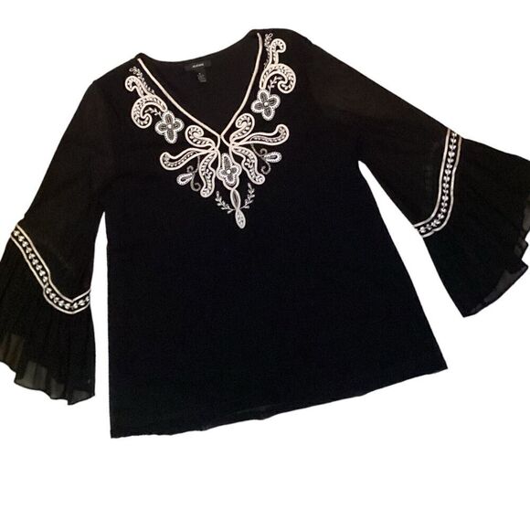 Alfani Embellished Bell Sleeve Black Blouse Embroidered Sequined Top Size M - Picture 9 of 9